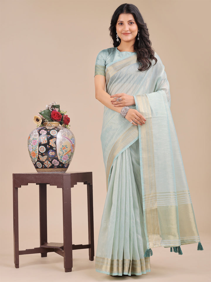 Sea Green Colour Organza Saree Weaving Work With Blouse Piece
