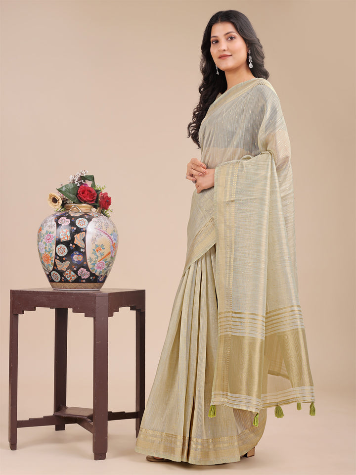 Cream Colour Organza Saree Weaving Work With Blouse Piece