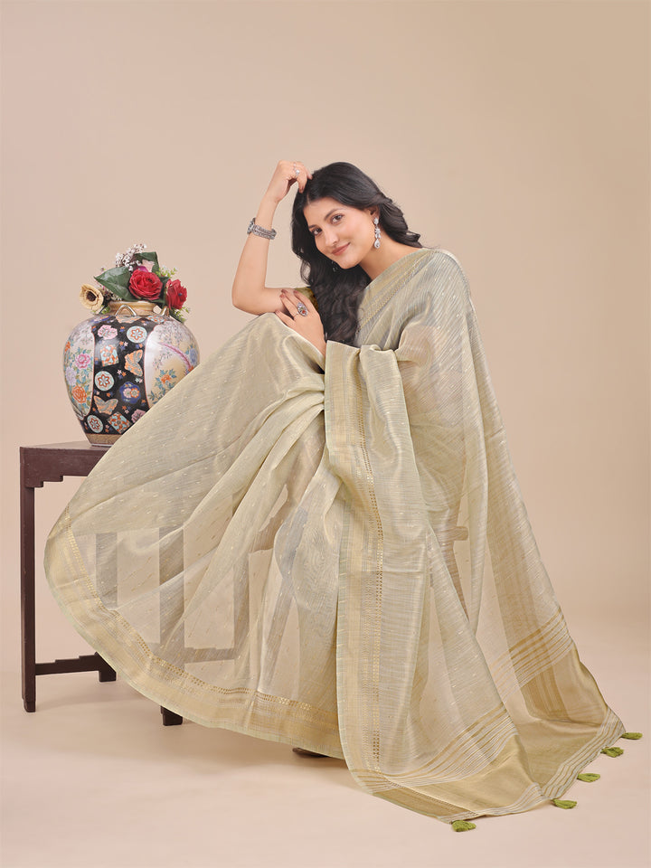 Cream Colour Organza Saree Weaving Work With Blouse Piece
