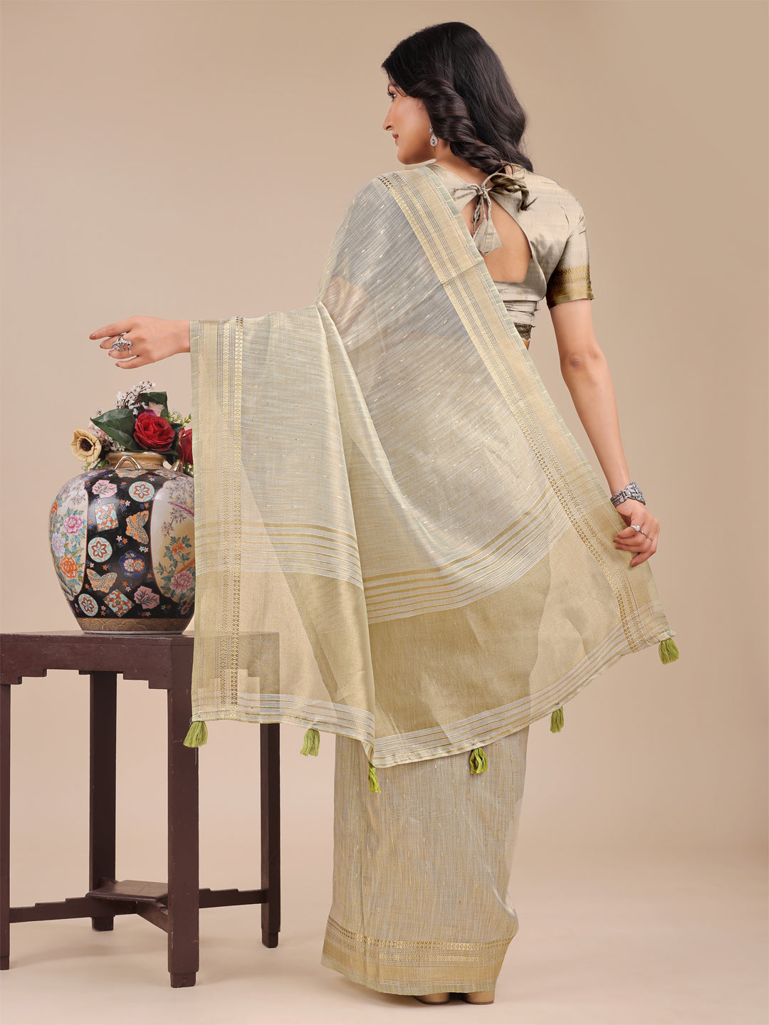 Cream Colour Organza Saree Weaving Work With Blouse Piece