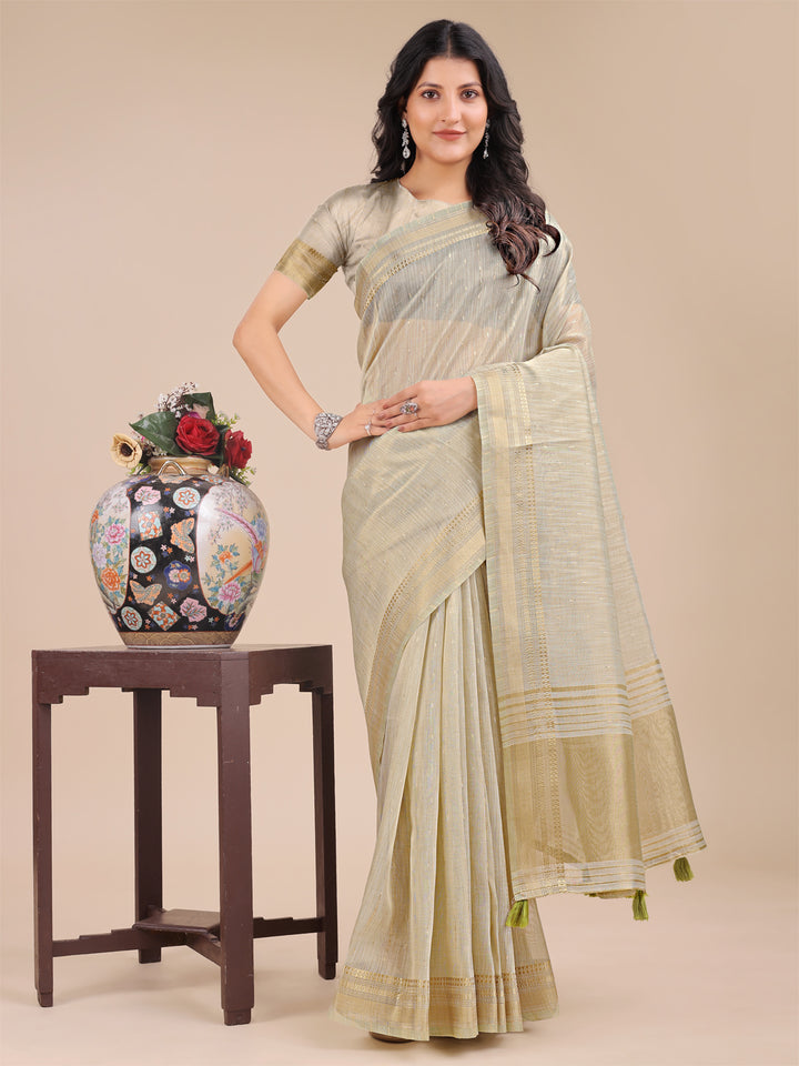 Cream Colour Organza Saree Weaving Work With Blouse Piece