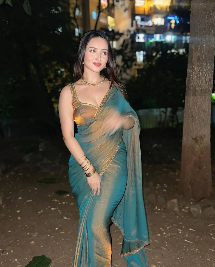 Green Color Jimichu Silk Saree With Beautiful Lace And  Unstitched Blouse Piece