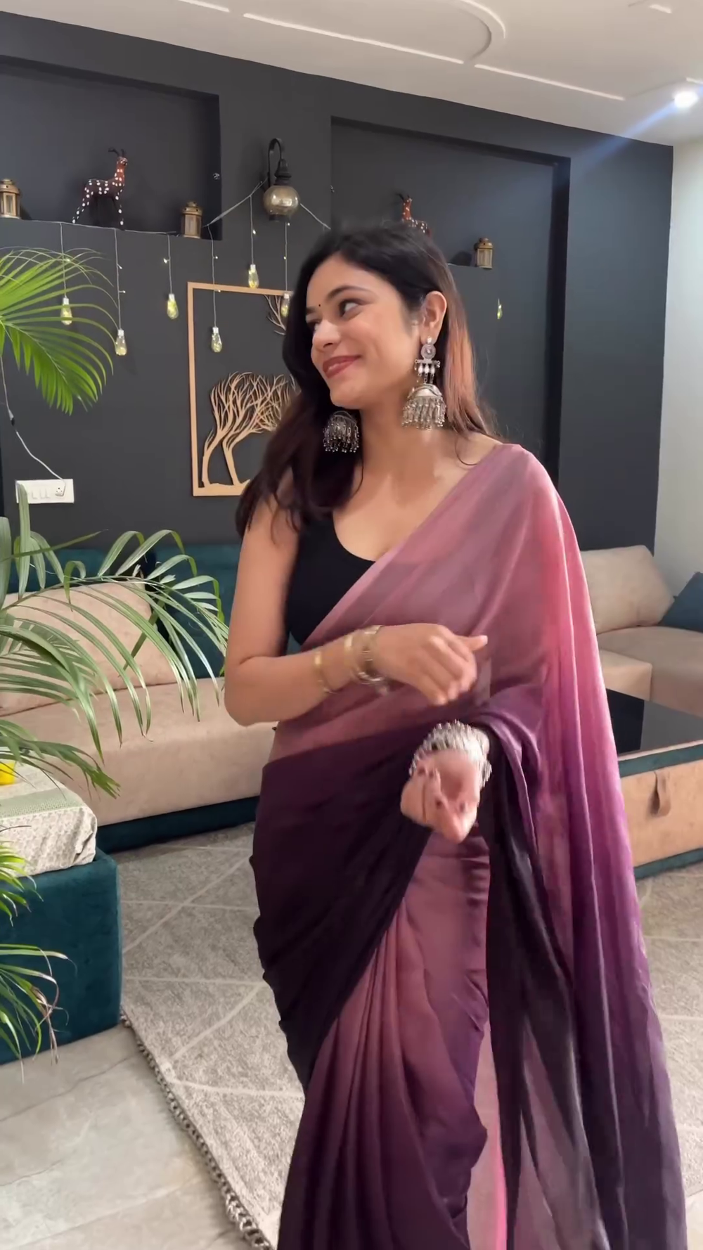 Pink-Dark Purple Color Naylon Saree On Padding Print With Beautiful Blouse