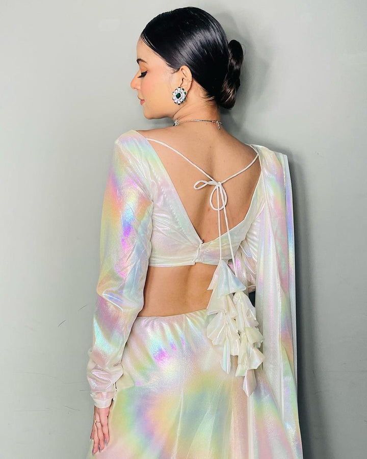 Premium Lilac unicorn Chromatic Designer Saree Pearl White