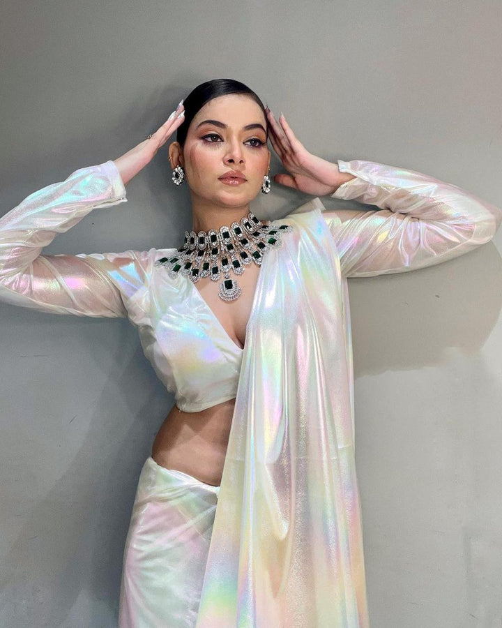 Premium Lilac unicorn Chromatic Designer Saree Pearl White