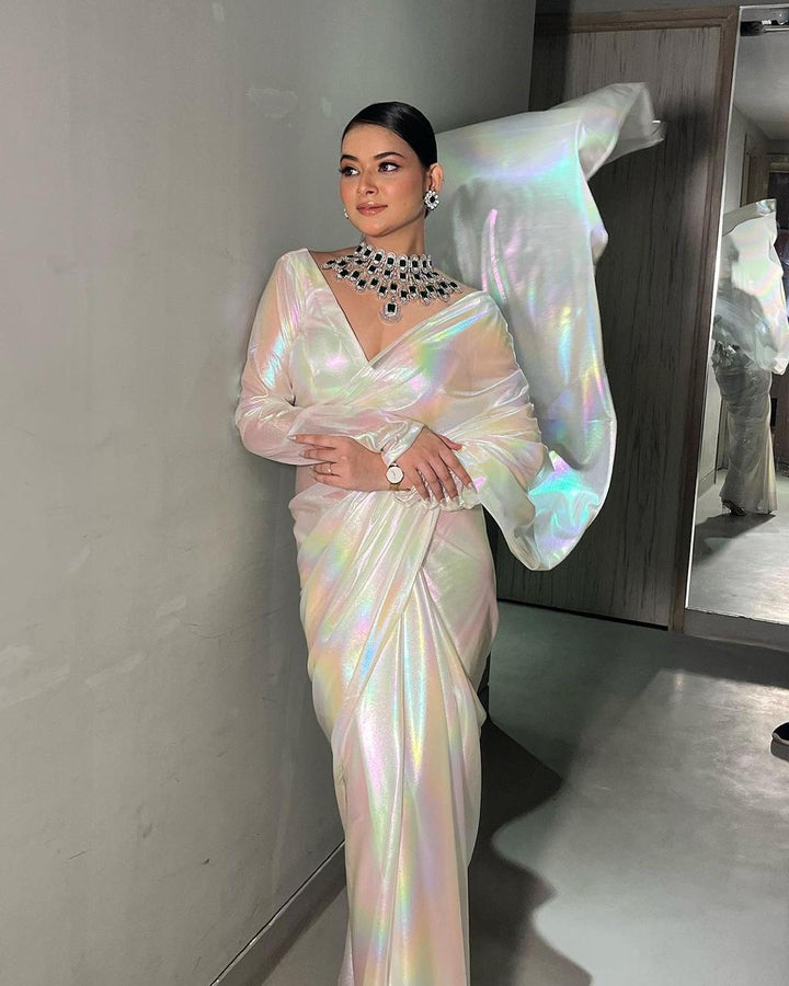 Premium Lilac unicorn Chromatic Designer Saree Pearl White