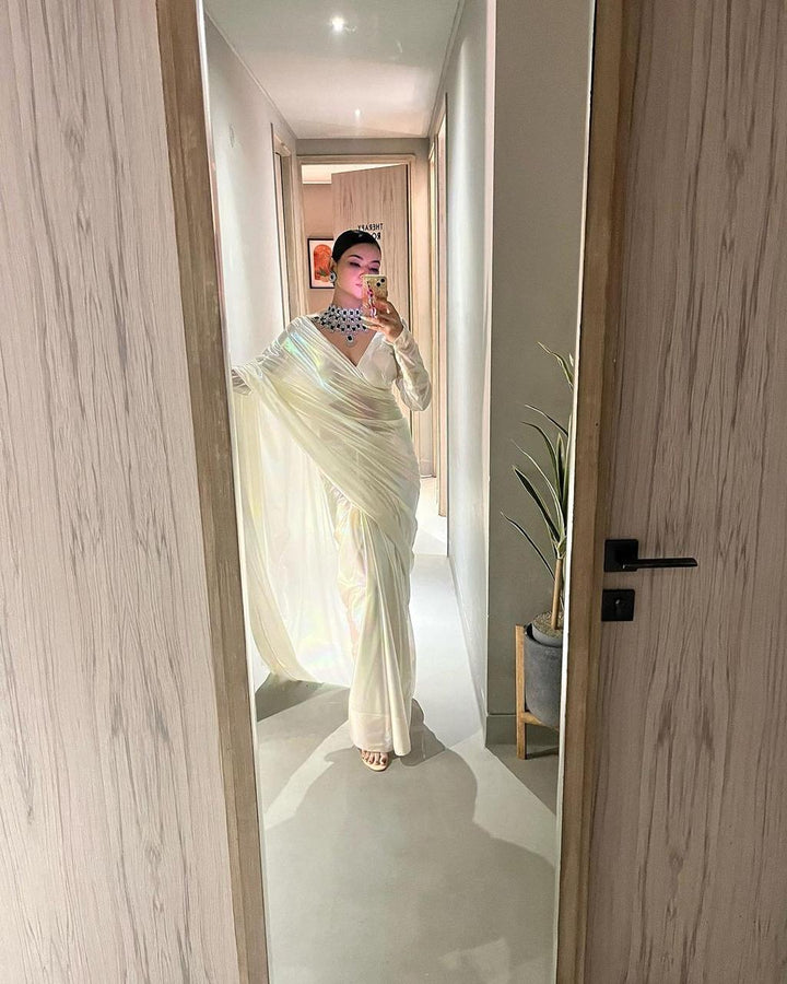 Premium Lilac unicorn Chromatic Designer Saree Pearl White