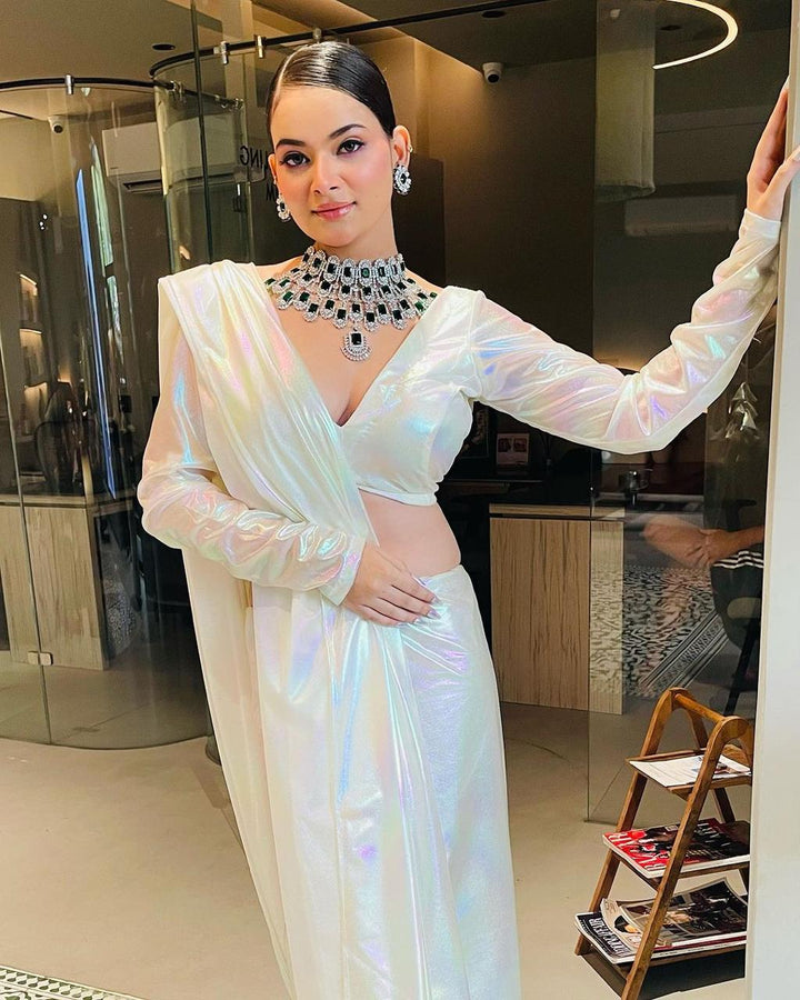 Premium Lilac unicorn Chromatic Designer Saree Pearl White