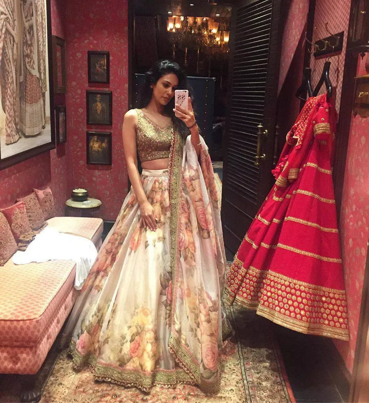 Cream Color Khadi Organza Floral Digital Print Lehenga Choli