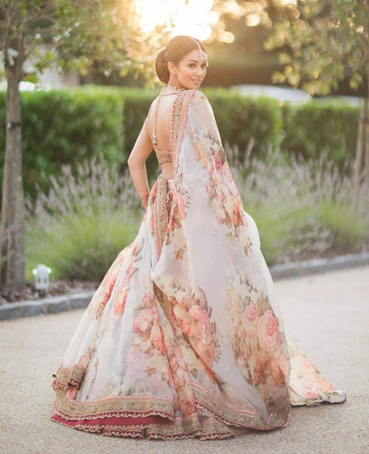 Cream Color Khadi Organza Floral Digital Print Lehenga Choli